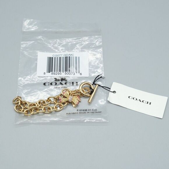 Coach Bow Pave Gold Tone Chain Link Bracelet CG077 Rhinestones - Picture 1 of 4